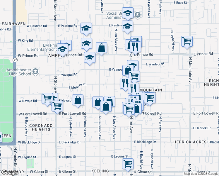 map of restaurants, bars, coffee shops, grocery stores, and more near 438 East Mohave Road in Tucson
