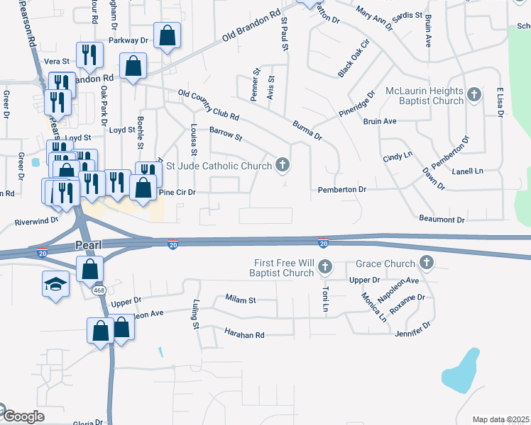 map of restaurants, bars, coffee shops, grocery stores, and more near 663 Randall Circle in Pearl