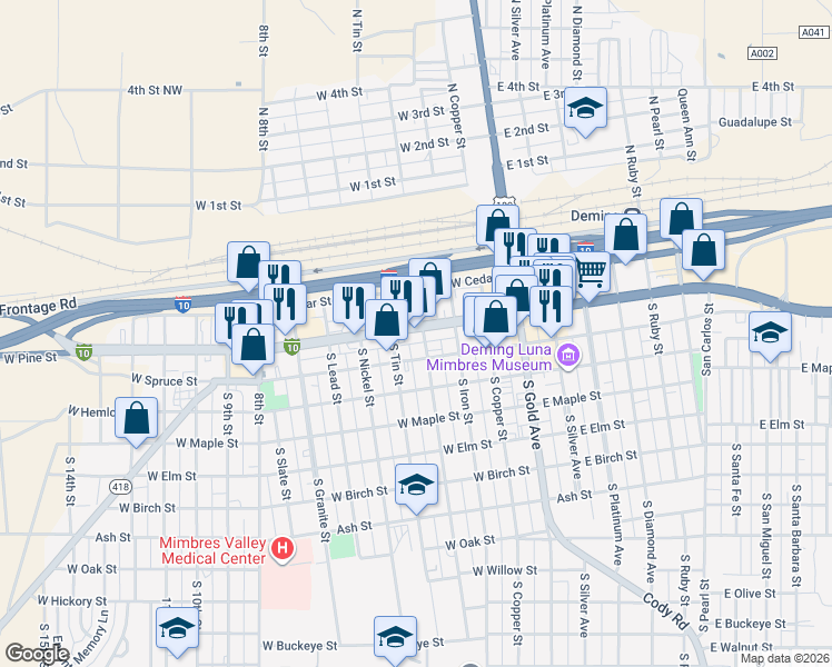 map of restaurants, bars, coffee shops, grocery stores, and more near 400 W Pine St in Deming