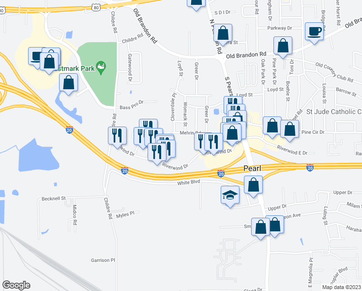 map of restaurants, bars, coffee shops, grocery stores, and more near 411 Riverwind Drive in Pearl