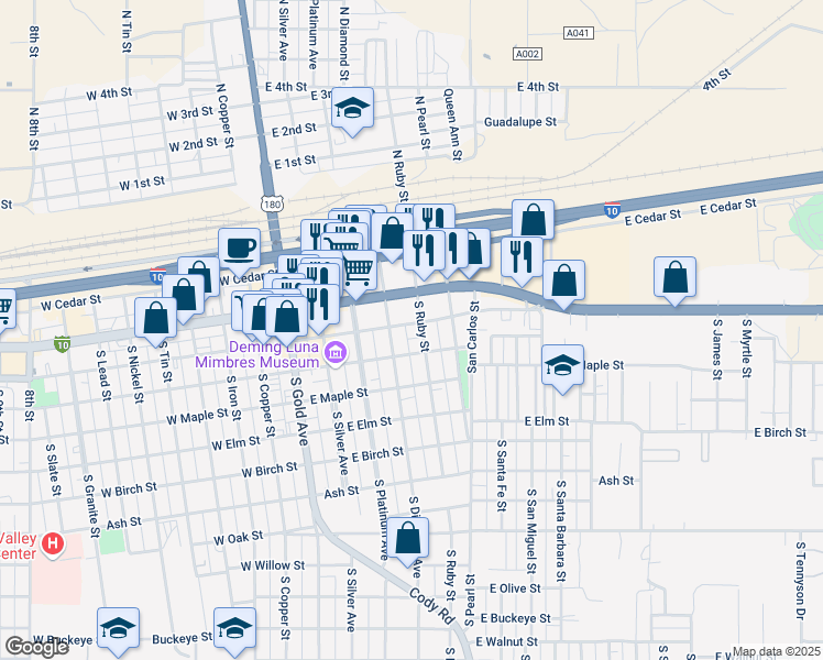 map of restaurants, bars, coffee shops, grocery stores, and more near 420 East Spruce Street in Deming