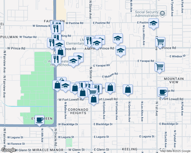 map of restaurants, bars, coffee shops, grocery stores, and more near 30 East Mohave Road in Tucson