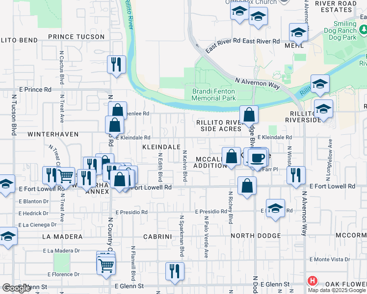 map of restaurants, bars, coffee shops, grocery stores, and more near 3343 North Kelvin Boulevard in Tucson