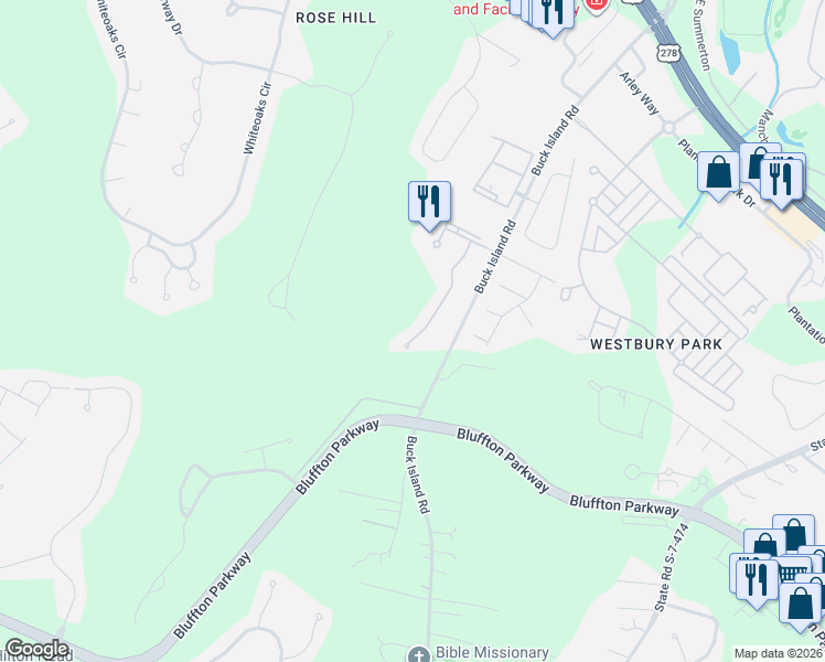 map of restaurants, bars, coffee shops, grocery stores, and more near 42 Bridle Path Lane in Bluffton