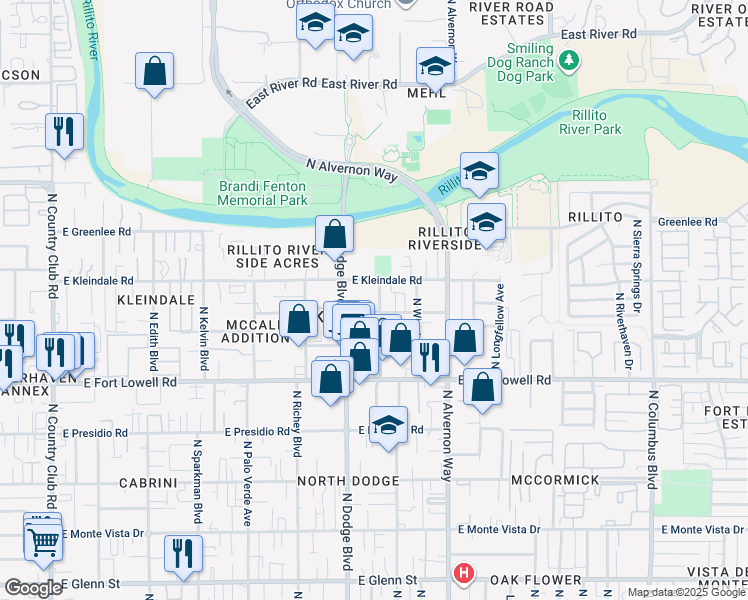 map of restaurants, bars, coffee shops, grocery stores, and more near 3351 North Chapel Avenue in Tucson