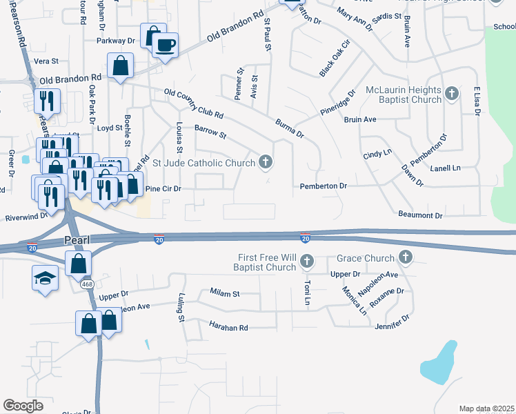 map of restaurants, bars, coffee shops, grocery stores, and more near 663 Randall Circle in Pearl
