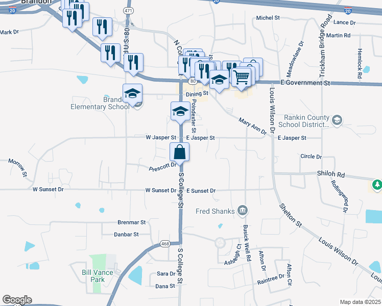 map of restaurants, bars, coffee shops, grocery stores, and more near 204 East Jasper Street in Brandon