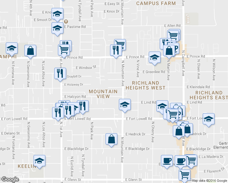 map of restaurants, bars, coffee shops, grocery stores, and more near 1214 East Kleindale Road in Tucson