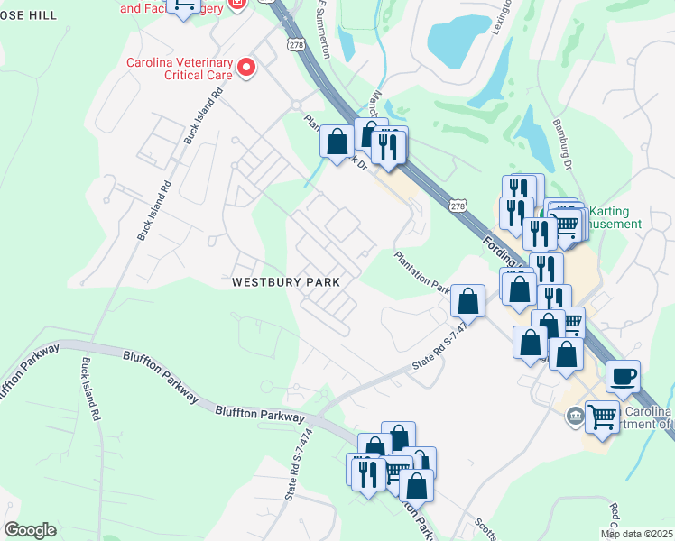map of restaurants, bars, coffee shops, grocery stores, and more near 26 Savile Avenue in Bluffton