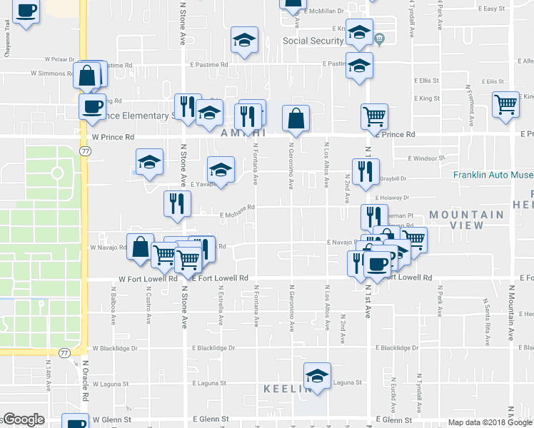 map of restaurants, bars, coffee shops, grocery stores, and more near 312 East Mohave Road in Tucson
