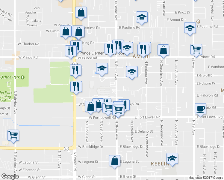 map of restaurants, bars, coffee shops, grocery stores, and more near 3401 North Stone Avenue in Tucson