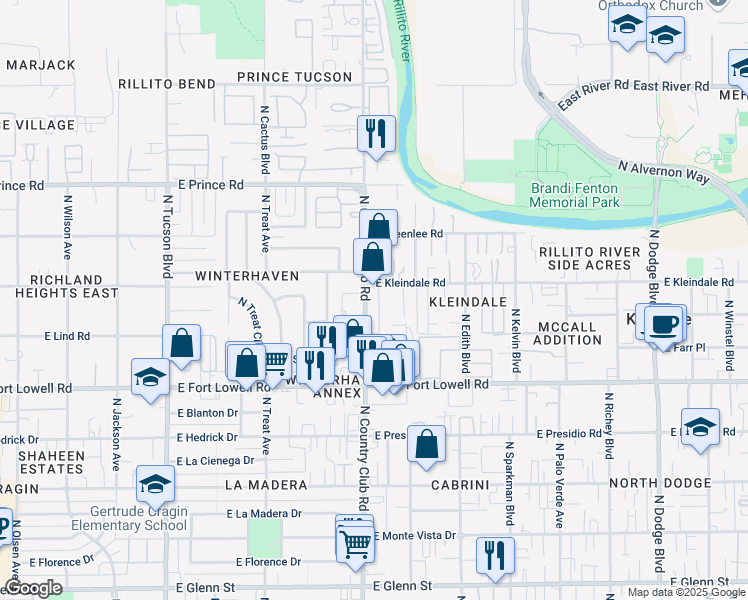 map of restaurants, bars, coffee shops, grocery stores, and more near 3350 North Country Club Road in Tucson