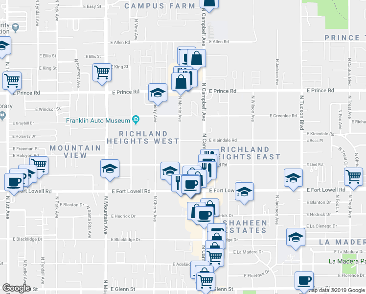 map of restaurants, bars, coffee shops, grocery stores, and more near 3360 North Martin Avenue in Tucson