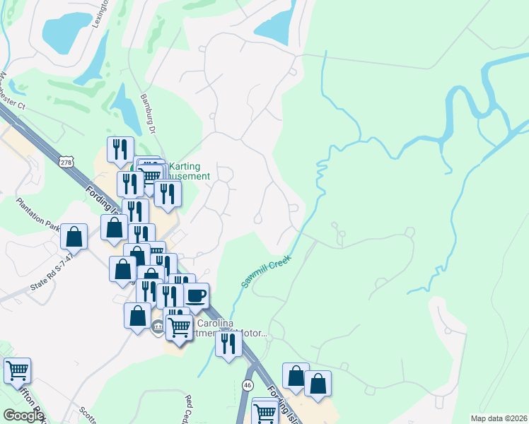 map of restaurants, bars, coffee shops, grocery stores, and more near 22 Waterford Drive in Bluffton