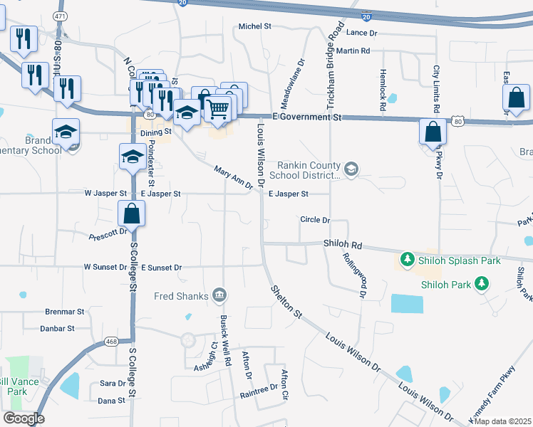 map of restaurants, bars, coffee shops, grocery stores, and more near 215 Louis Wilson Drive in Brandon