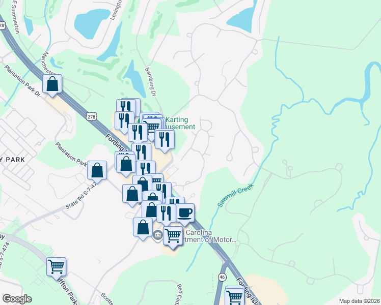 map of restaurants, bars, coffee shops, grocery stores, and more near 18 Oak Forest Road in Bluffton