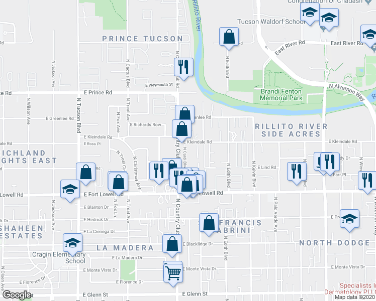 map of restaurants, bars, coffee shops, grocery stores, and more near 3350 North Country Club Road in Tucson