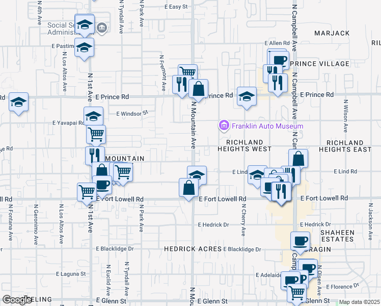 map of restaurants, bars, coffee shops, grocery stores, and more near 3360 North Mountain Avenue in Tucson