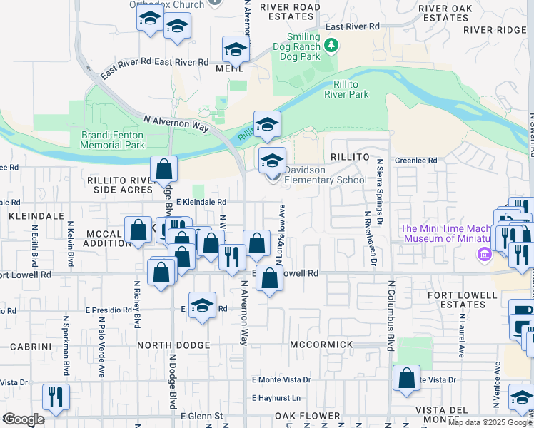 map of restaurants, bars, coffee shops, grocery stores, and more near 3332 North Montezuma Avenue in Tucson