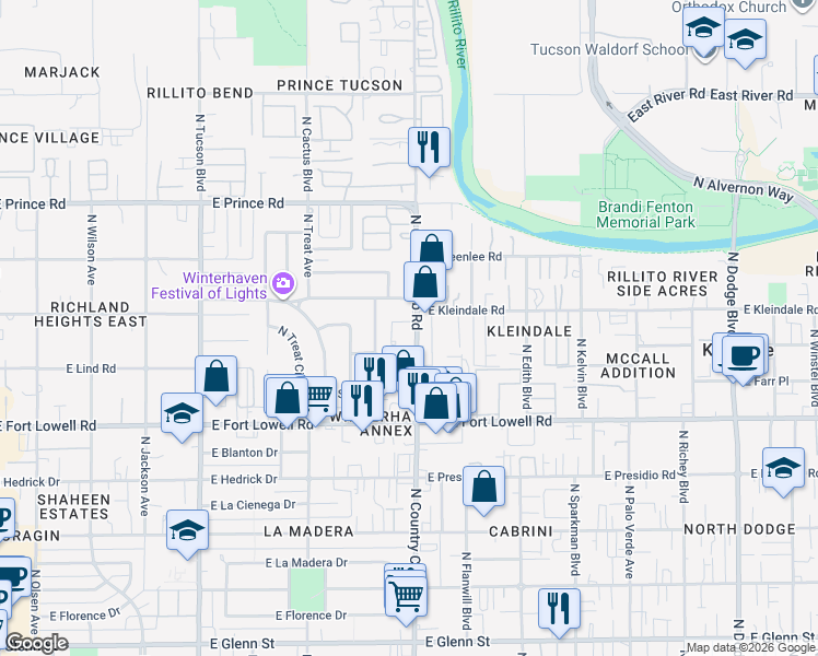 map of restaurants, bars, coffee shops, grocery stores, and more near 3350 North Country Club Road in Tucson