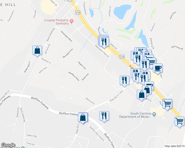 map of restaurants, bars, coffee shops, grocery stores, and more near 119 Regent Avenue in Bluffton