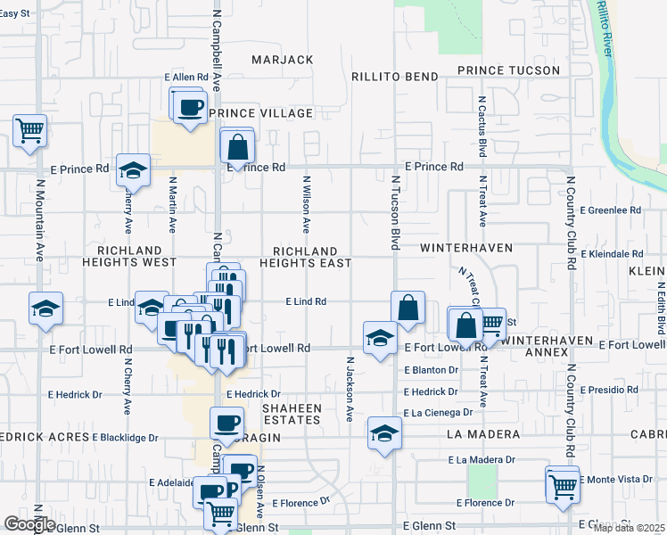 map of restaurants, bars, coffee shops, grocery stores, and more near 2240 East Kleindale Road in Tucson