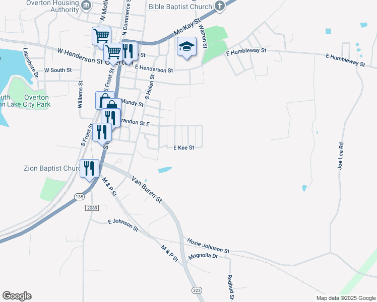 map of restaurants, bars, coffee shops, grocery stores, and more near 600 East Kee Street in Overton