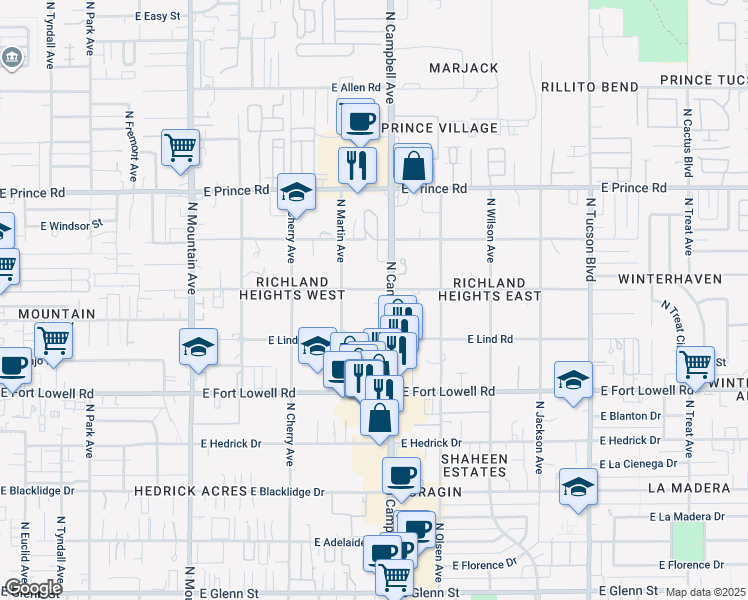 map of restaurants, bars, coffee shops, grocery stores, and more near 3375 North Campbell Avenue in Tucson