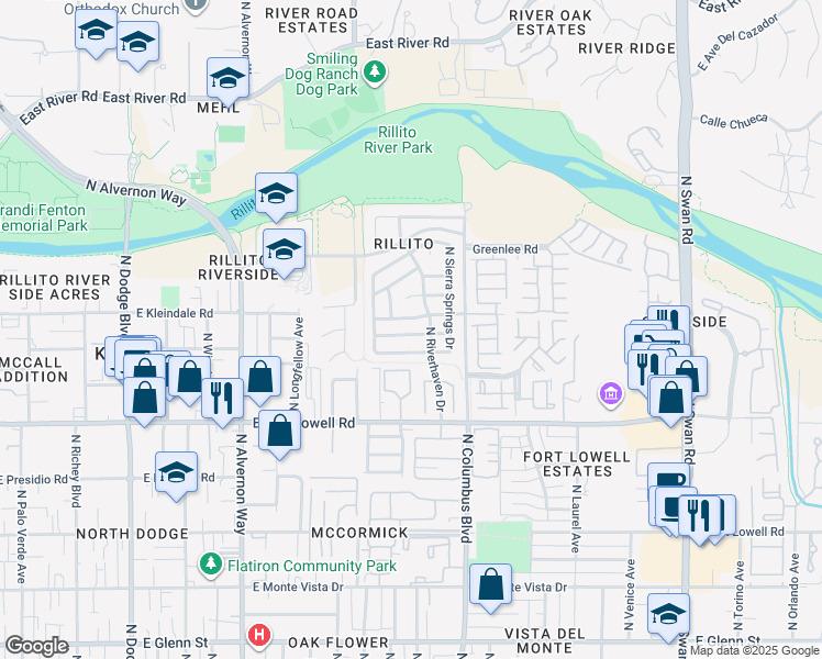 map of restaurants, bars, coffee shops, grocery stores, and more near 4240 East Babbling Brook Drive in Tucson