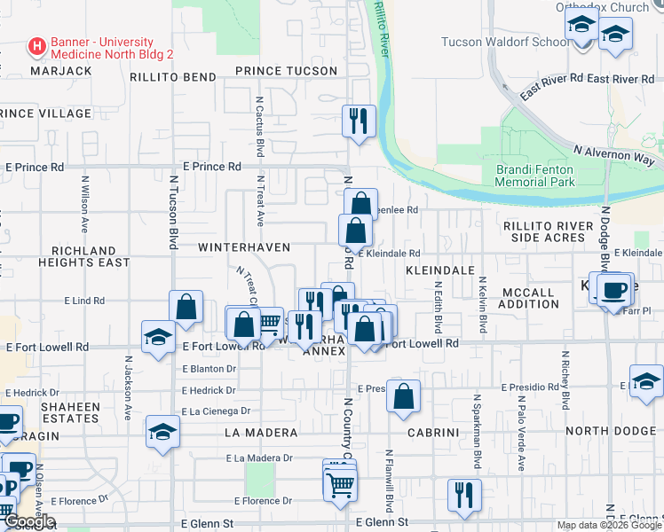 map of restaurants, bars, coffee shops, grocery stores, and more near 3324 North Bentley Avenue in Tucson