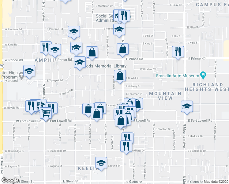 map of restaurants, bars, coffee shops, grocery stores, and more near 532 East Mohave Road in Tucson