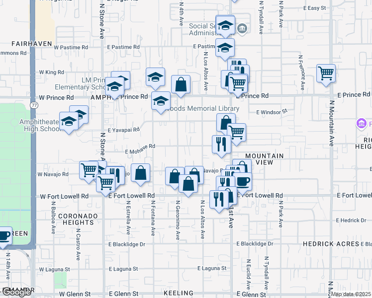 map of restaurants, bars, coffee shops, grocery stores, and more near 3358 North Geronimo Avenue in Tucson
