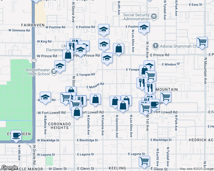 map of restaurants, bars, coffee shops, grocery stores, and more near 312 East Mohave Road in Tucson