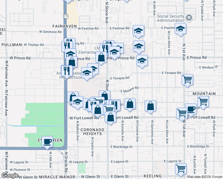 map of restaurants, bars, coffee shops, grocery stores, and more near 30 East Mohave Road in Tucson