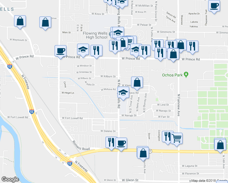 map of restaurants, bars, coffee shops, grocery stores, and more near 3341 North Flowing Wells Road in Tucson