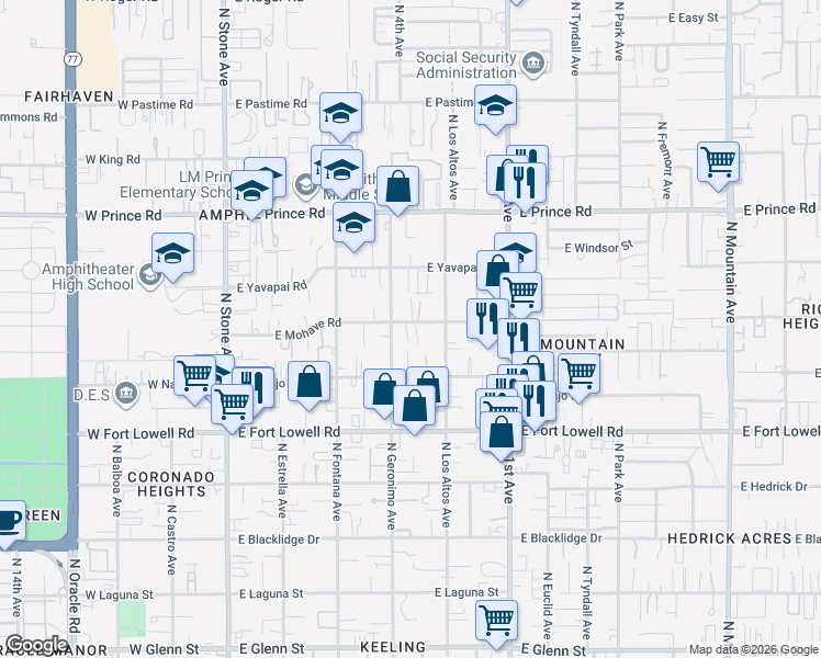 map of restaurants, bars, coffee shops, grocery stores, and more near 3358 North Geronimo Avenue in Tucson