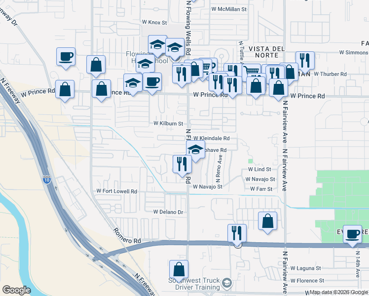 map of restaurants, bars, coffee shops, grocery stores, and more near 3341 North Flowing Wells Road in Tucson