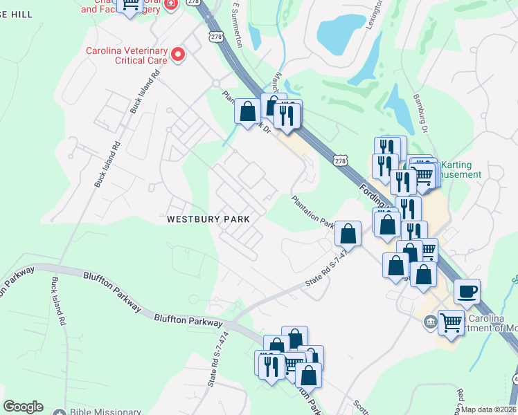 map of restaurants, bars, coffee shops, grocery stores, and more near 119 Regent Avenue in Bluffton
