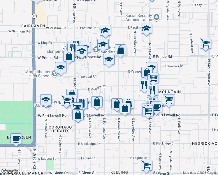 map of restaurants, bars, coffee shops, grocery stores, and more near 312 East Mohave Road in Tucson