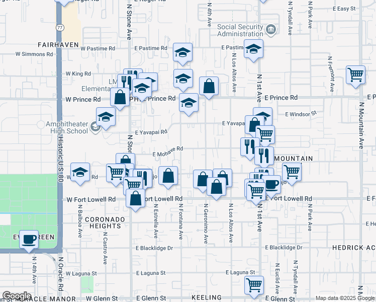map of restaurants, bars, coffee shops, grocery stores, and more near 312 East Mohave Road in Tucson
