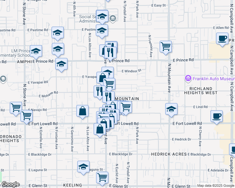 map of restaurants, bars, coffee shops, grocery stores, and more near 817 East Freeman Place in Tucson