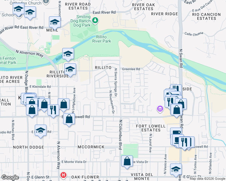map of restaurants, bars, coffee shops, grocery stores, and more near 4240 East Babbling Brook Drive in Tucson