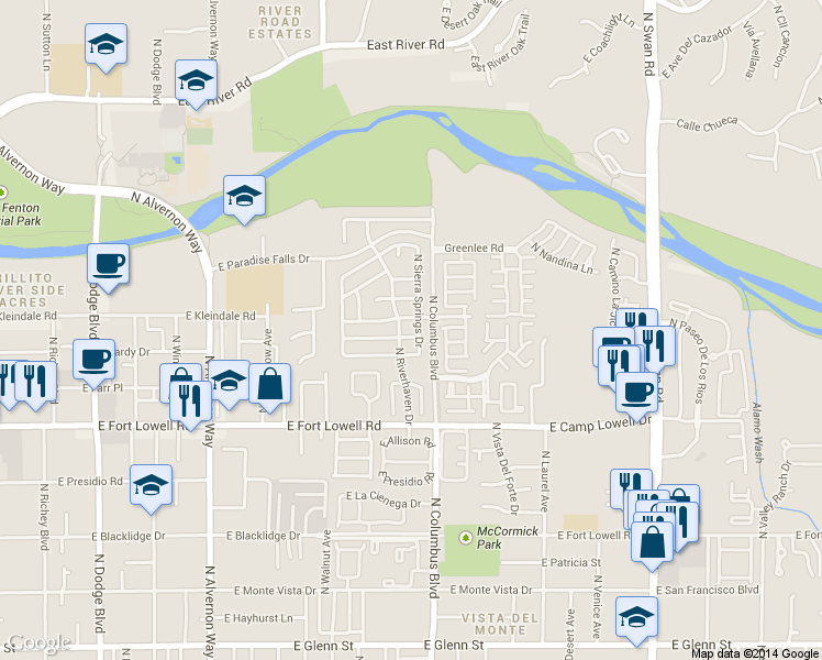 map of restaurants, bars, coffee shops, grocery stores, and more near 4271 Babbling Brook Drive in Tucson