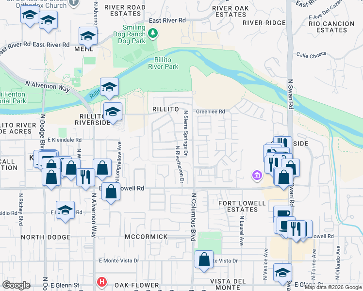 map of restaurants, bars, coffee shops, grocery stores, and more near 4240 East Babbling Brook Drive in Tucson