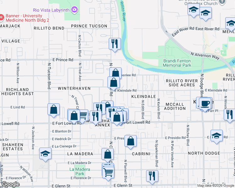 map of restaurants, bars, coffee shops, grocery stores, and more near 3350 North Country Club Road in Tucson