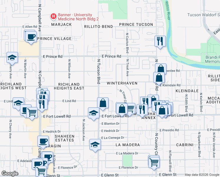map of restaurants, bars, coffee shops, grocery stores, and more near 2531 East Halcyon Road in Tucson