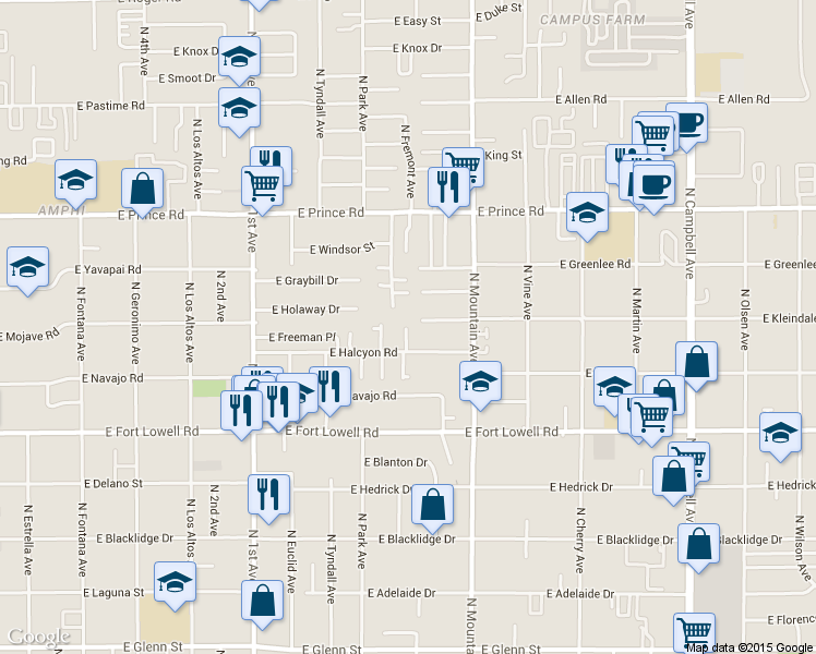 map of restaurants, bars, coffee shops, grocery stores, and more near in Tucson