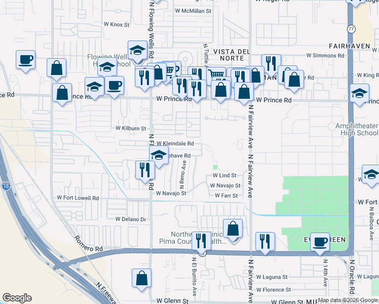 map of restaurants, bars, coffee shops, grocery stores, and more near 3341 North Reno Avenue in Tucson