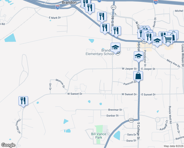 map of restaurants, bars, coffee shops, grocery stores, and more near 323 West Jasper Street in Brandon