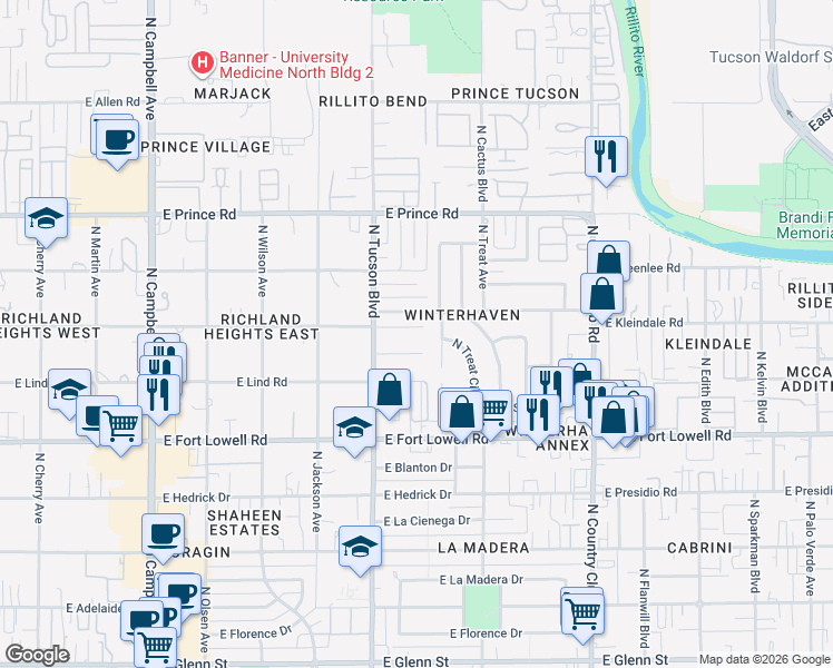 map of restaurants, bars, coffee shops, grocery stores, and more near 2531 East Halcyon Road in Tucson